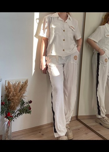Versace Düğmeli Beyaz Keten Midi Kumaş Takım