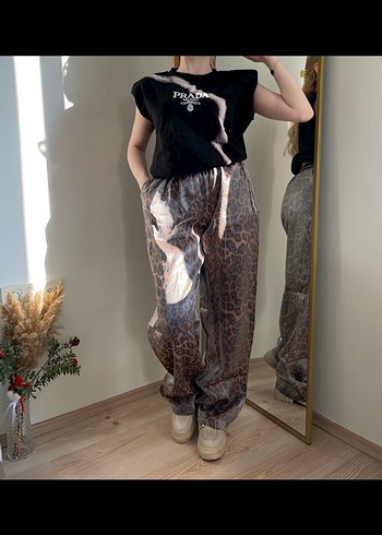 Prada Drapeli Kahverengi Batik Desenli Rahat Kadın Pantolon