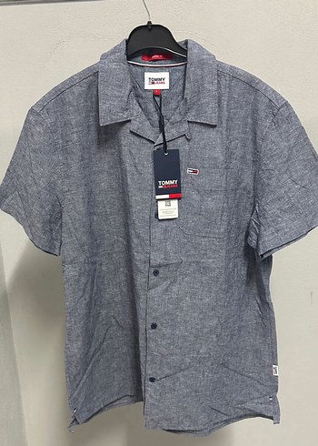 Tommy Hilfiger Gri Keten Kısa Kollu Erkek Gömlek