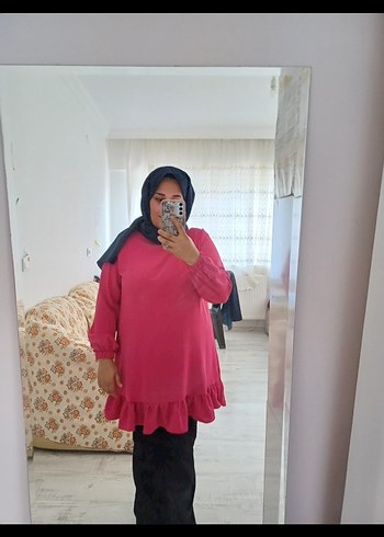 Fırfırlı Yüksek Yakalı Pembe Mini Tunik