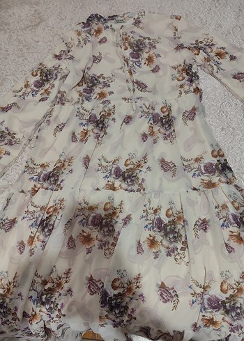 Bej Desenli pudra Şifon Uzun Elbise - Görsel 5