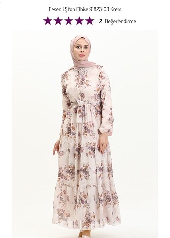 Bej Desenli pudra Şifon Uzun Elbise - Görsel 2