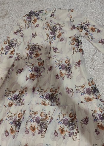 Bej Desenli pudra Şifon Uzun Elbise - Görsel 3