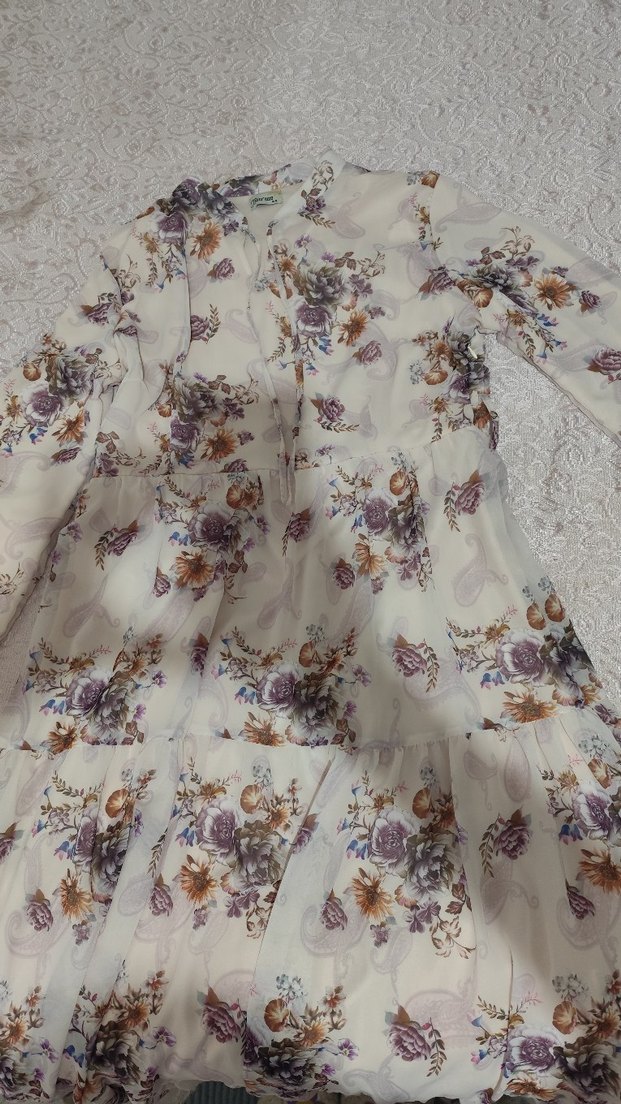 Bej Desenli pudra Şifon Uzun Elbise - Görsel 3