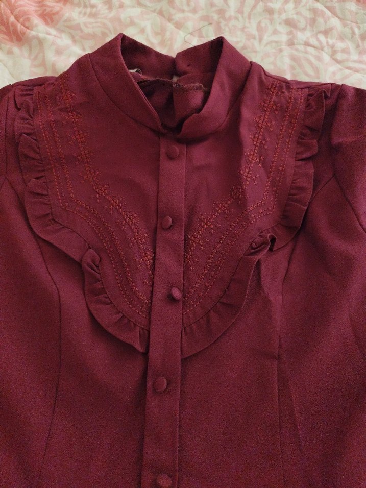 mürdüm Kadın Midi Elbise, Fırfırlı ve Nakışlı - Görsel 2