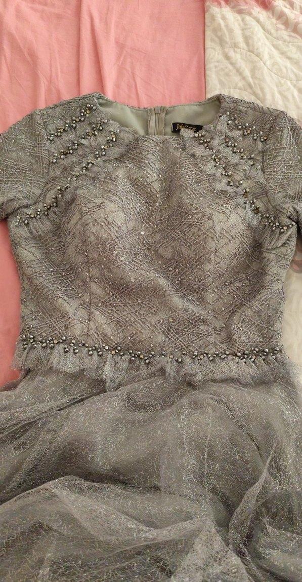 Dantel Detaylı Gri Uzun Kollu Nişan Elbisesi - Görsel 3