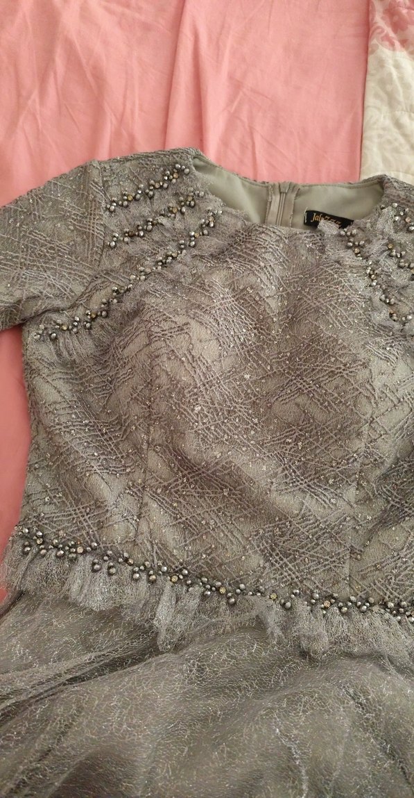 Dantel Detaylı Gri Uzun Kollu Nişan Elbisesi - Görsel 2