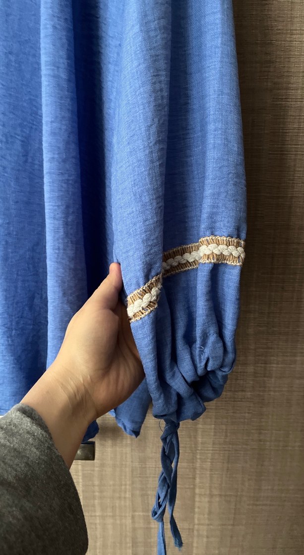 Mavi Nakışlı Uzun Kollu Keten Gömlek - Görsel 2