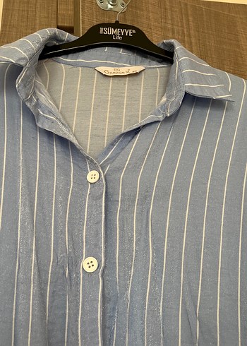 Mavi Çizgili Uzun Kollu Keten Gömlek - Görsel 3