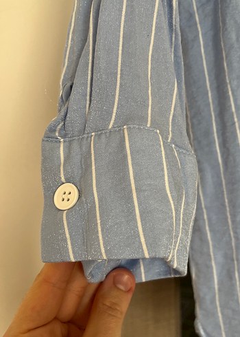 Mavi Çizgili Uzun Kollu Keten Gömlek - Görsel 2