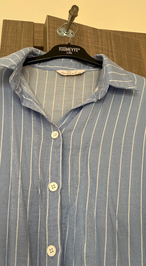 Mavi Çizgili Uzun Kollu Keten Gömlek - Görsel 3