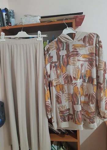 ikili takım Bej Bohem Batik Desenli Kapüşonlu Sweatshirt
