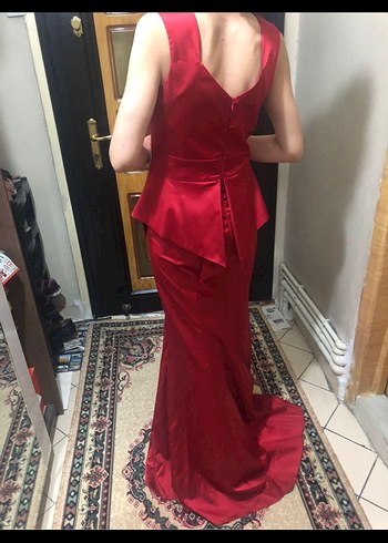 s Beden kırmızı Renk Bordo Uzun Drapeli Kadın Abiye Elbise