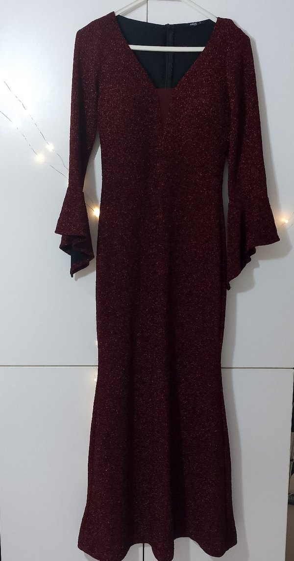 Bordo V Yakalı Uzun Kollu Drapeli şık abiye - Görsel 3