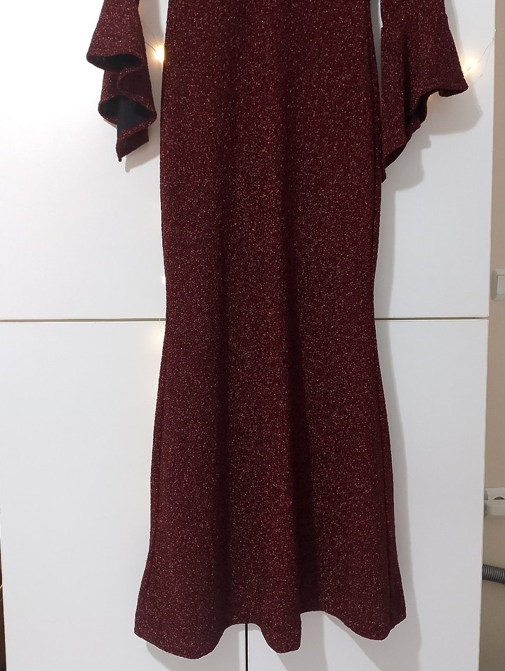 Bordo V Yakalı Uzun Kollu Drapeli şık abiye - Görsel 2