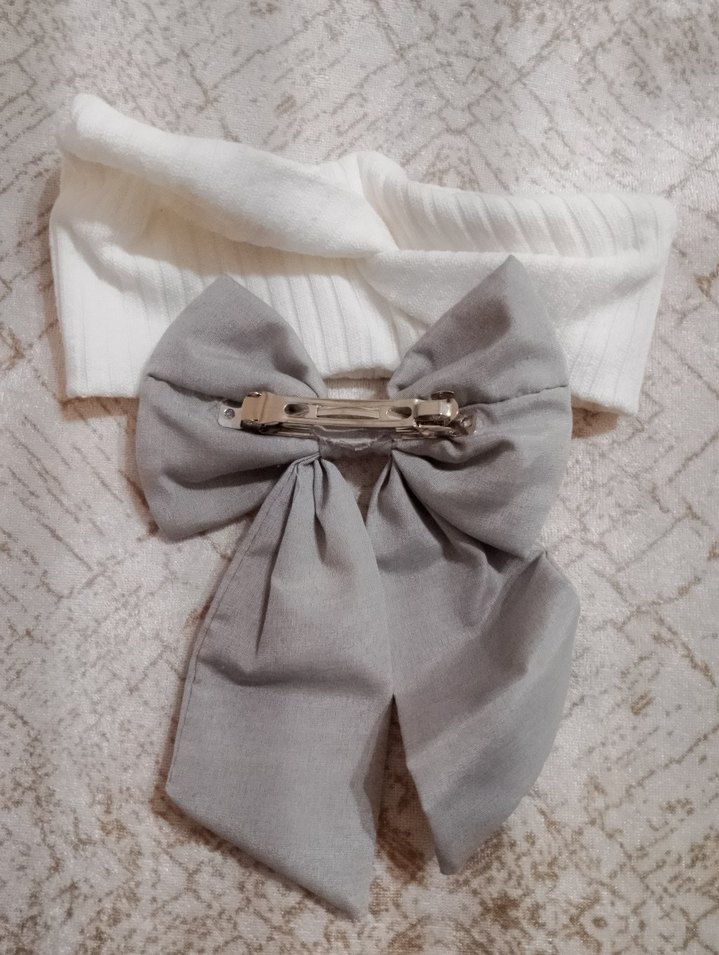 Gri Keten Kumaş Fiyonk ve saç bandı - Görsel 2