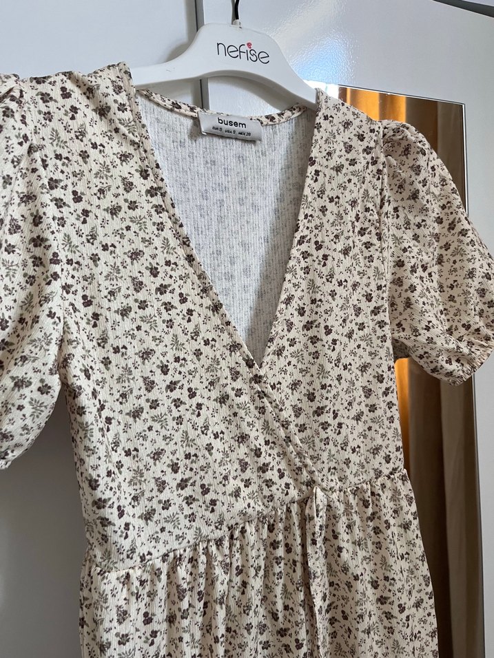 Bej Desenli V Yaka Uzun Bohem Elbise - Görsel 4