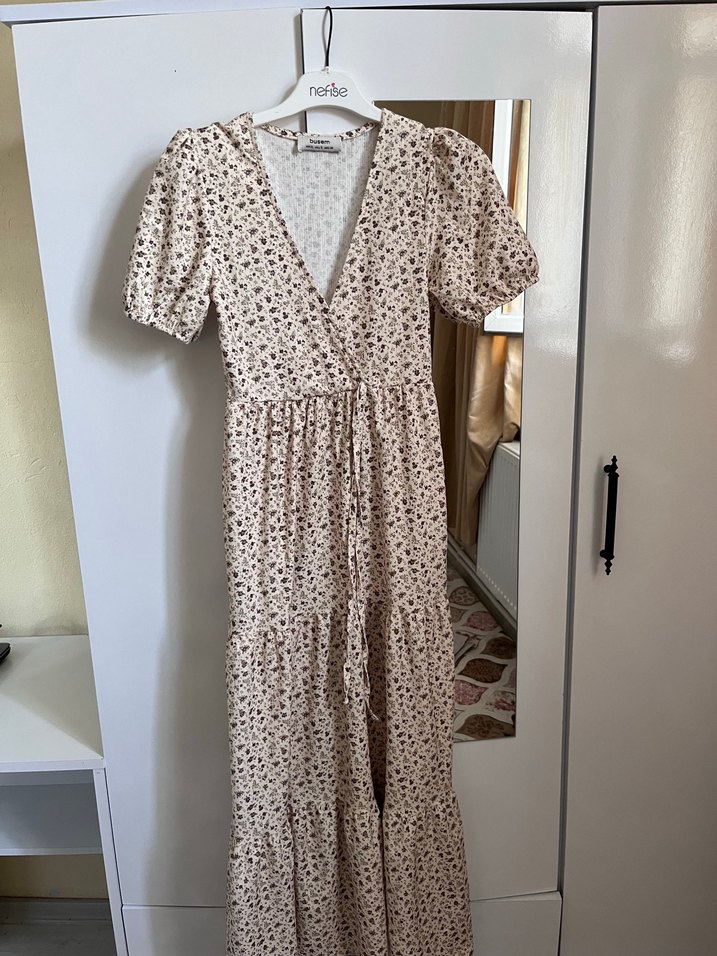 Bej Desenli V Yaka Uzun Bohem Elbise - Görsel 2