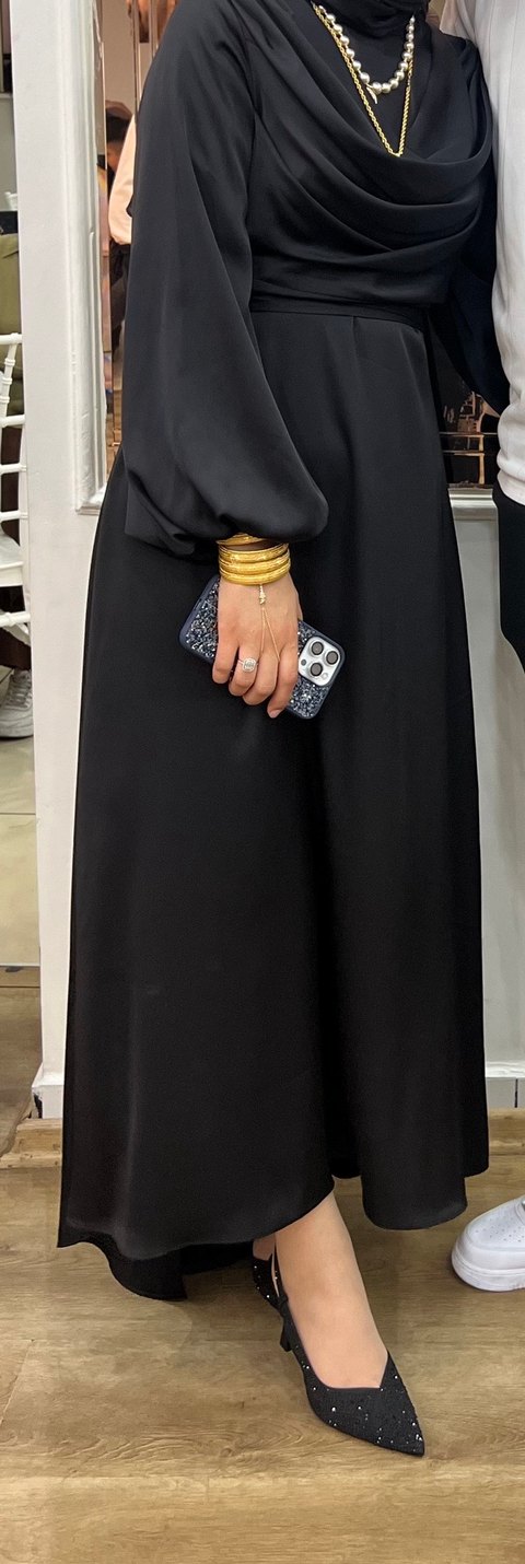 Siyah Saten Uzun Kollu Salaş Kadın Elbise - Görsel 2