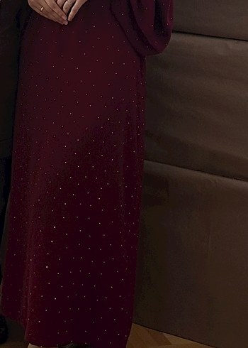 Bordo Uzun Kollu Taşlı Abiye - Görsel 2