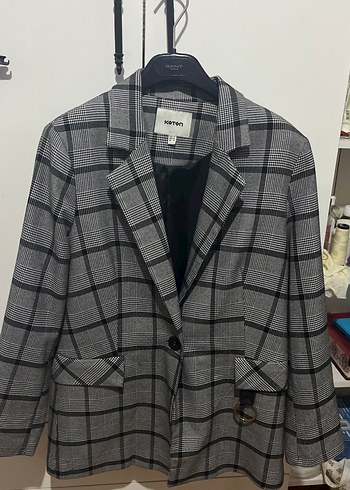 Gri Ekose Düğmeli Kadın Blazer Ceket