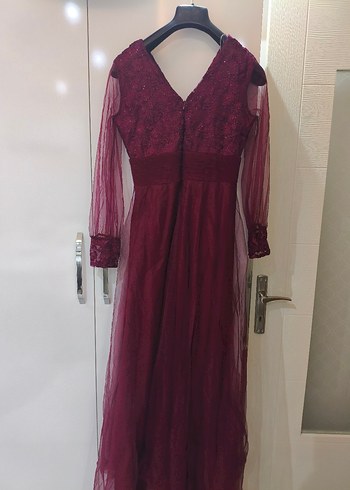 Bordo V Yaka Uzun Kollu Vintage Abiye Elbise - Görsel 3