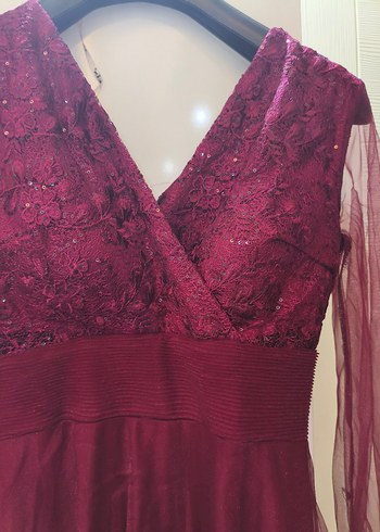 Bordo V Yaka Uzun Kollu Vintage Abiye Elbise - Görsel 6