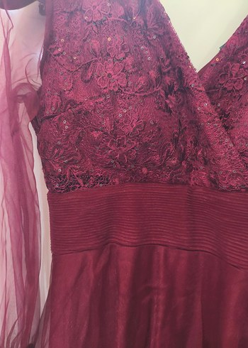 Bordo V Yaka Uzun Kollu Vintage Abiye Elbise - Görsel 5