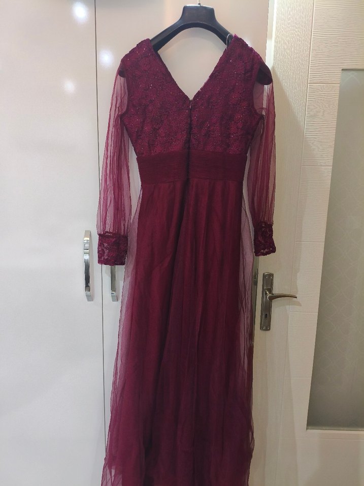 Bordo V Yaka Uzun Kollu Vintage Abiye Elbise - Görsel 3