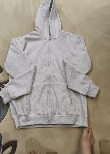 Gri Kapüşonlu Fermuarlı Hırka - Görsel 3
