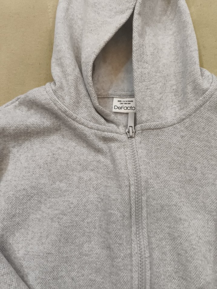 Gri Kapüşonlu Fermuarlı Hırka - Görsel 5