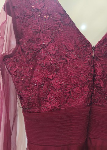 Bordo Uzun Kollu Nakışlı Abiye Elbise - Görsel 5