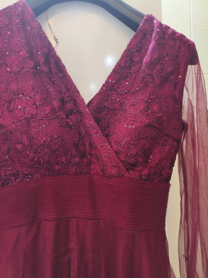 Bordo Uzun Kollu Nakışlı Abiye Elbise - Görsel 3