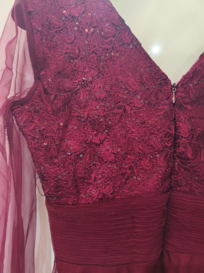 Bordo Uzun Kollu Nakışlı Abiye Elbise - Görsel 5