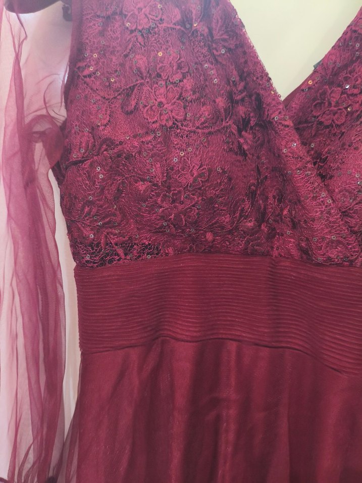 Bordo Uzun Kollu Nakışlı Abiye Elbise - Görsel 4