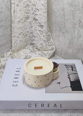 Zara Home Beyaz Noktalı Ahşap Fitilli Mum ve Kibritlik