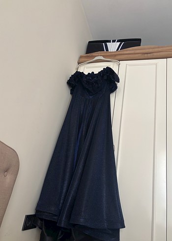 Denim Kumaşlı Lacivert Uzun Drapeli Abiye Elbise