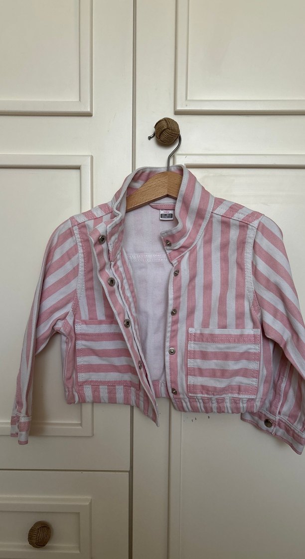 Kız Çocuk Pembe Çizgili Pamuklu Ceket - Görsel 2