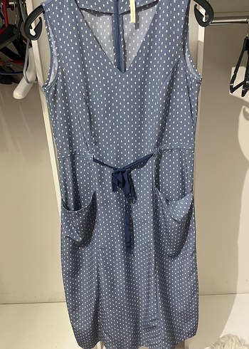 Mavi Kemerli Midi Elbise