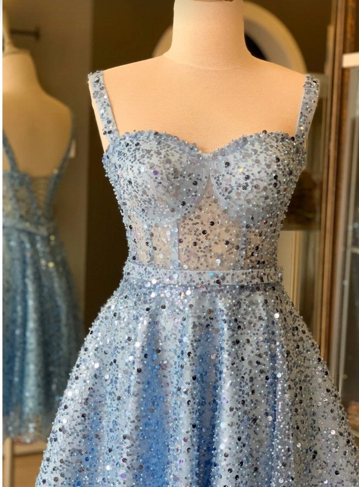 Buz Mavisi Boncuk İşlemeli Mavi Mini Abiye ve Gece Elbisesi - Görsel 2