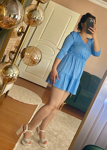 38 Beden Mavi V Yaka Midi Denim Elbise