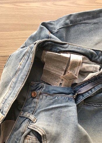 42 Beden mavi Renk ZARA İnci Detaylı Regular Fit Mavi Denim Kadın Pantolon