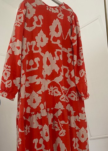 Uzun Kollu Kırmızı Batik Desenli Bohem Elbise