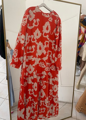 44 Beden kırmızı Renk Uzun Kollu Kırmızı Batik Desenli Bohem Elbise