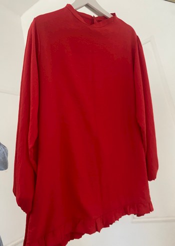 Kırmızı Uzun Kollu Keten Pamuk Tunik - Görsel 3