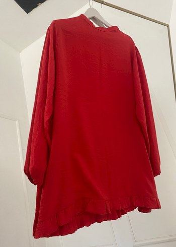 Kırmızı Uzun Kollu Keten Pamuk Tunik - Görsel 4