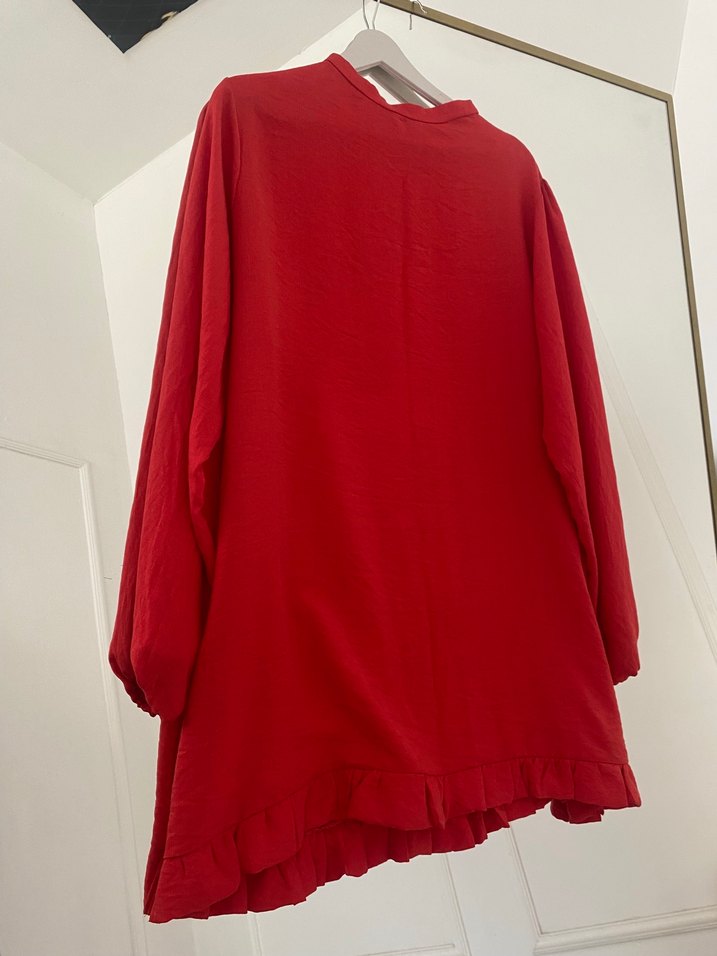 Kırmızı Uzun Kollu Keten Pamuk Tunik - Görsel 4