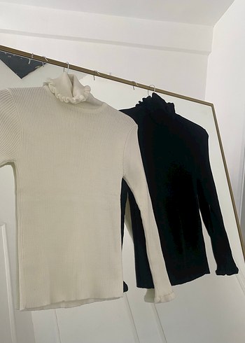 İkili Siyah Beyaz Pliseli Boğazlı Uzun Kollu Body - Görsel 3