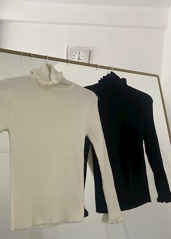 İkili Siyah Beyaz Pliseli Boğazlı Uzun Kollu Body - Görsel 5