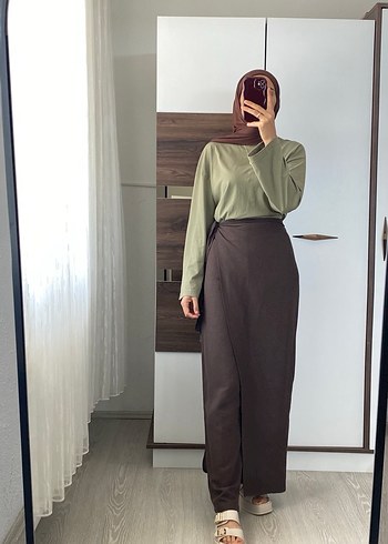 Kadın kahve Uzun Salaş Dökümlü Etek pantolon - Görsel 2